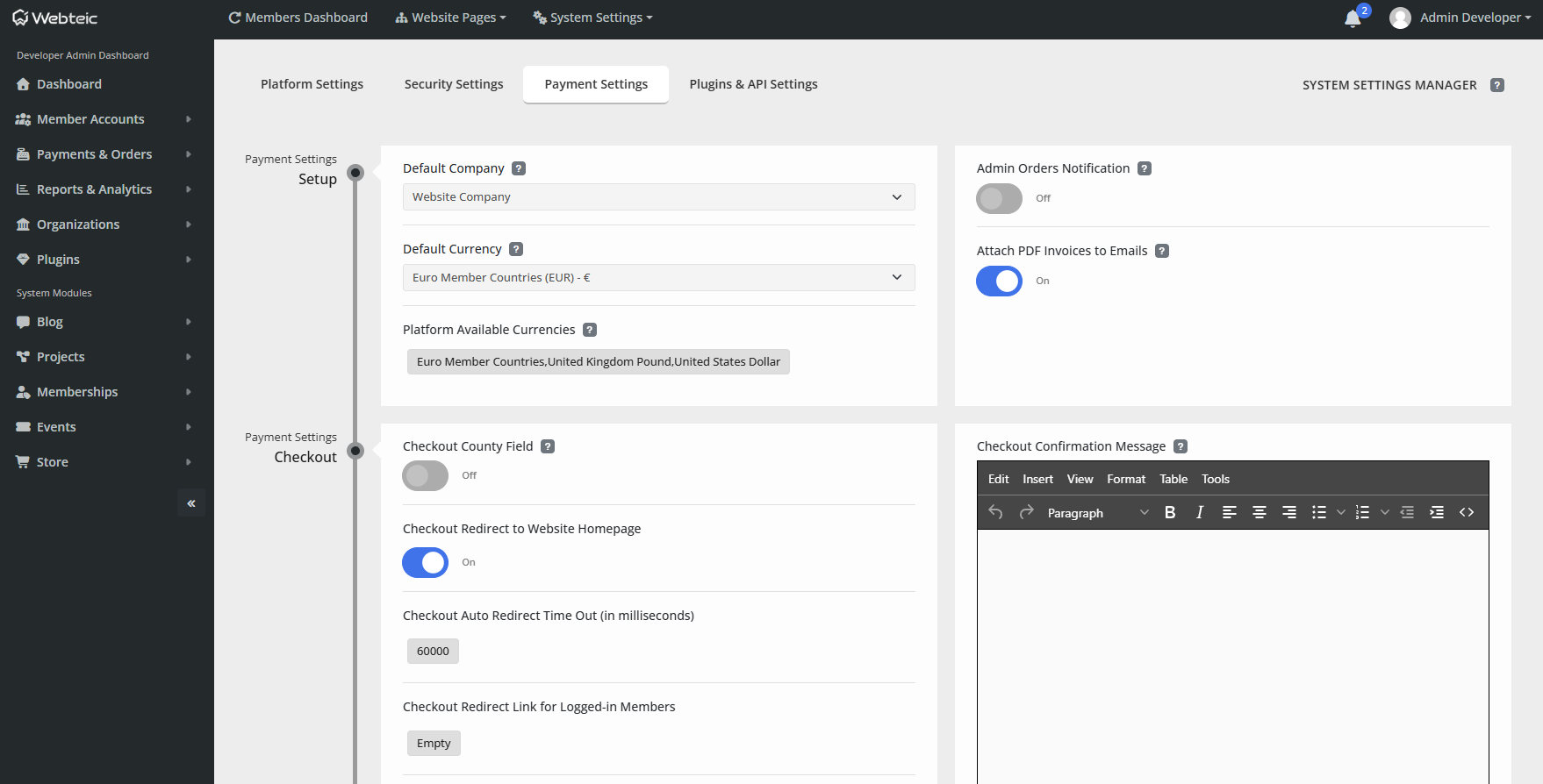 Webteic Populated Admin Dashboard overview