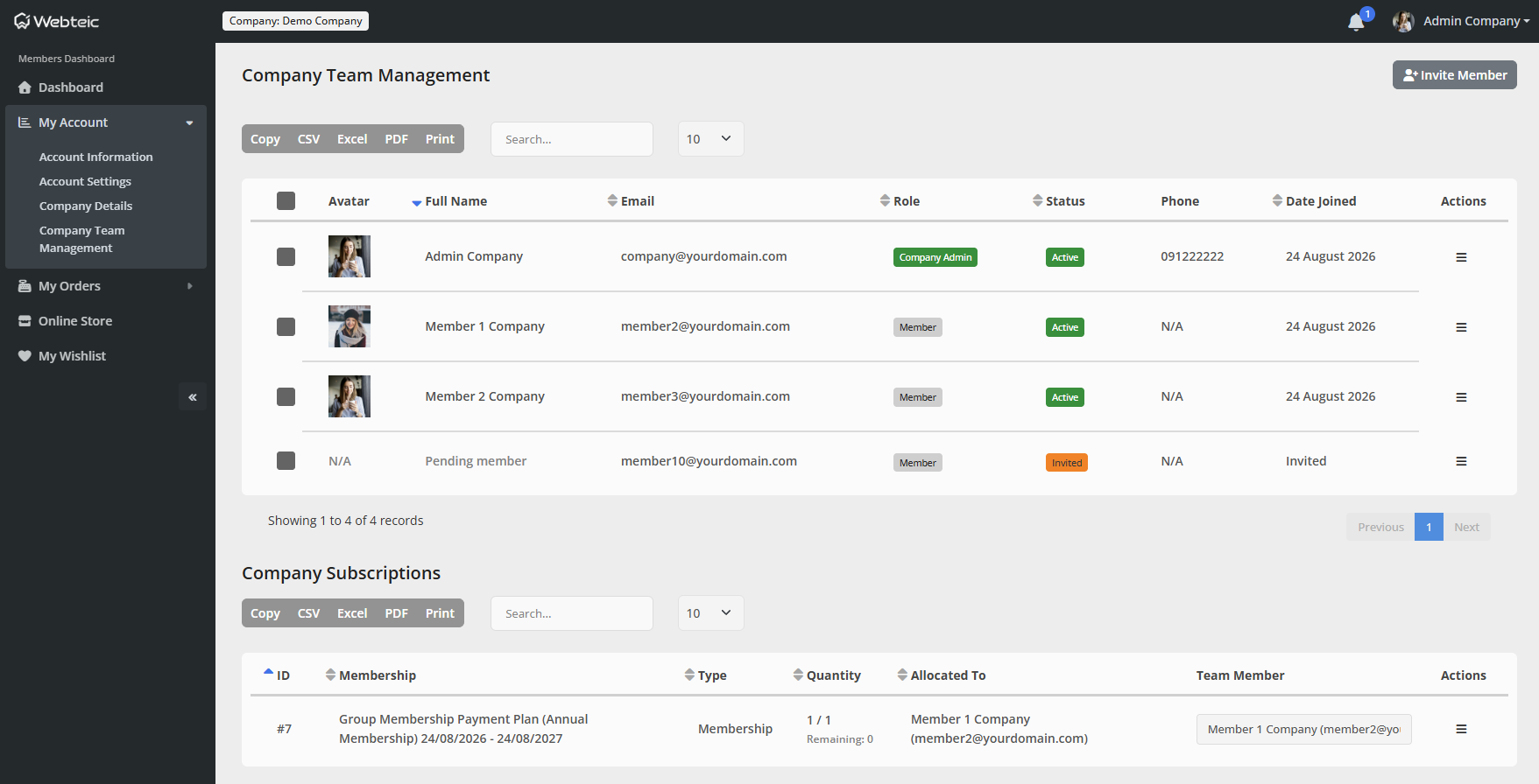 Webteic Company team/invitations management from member side