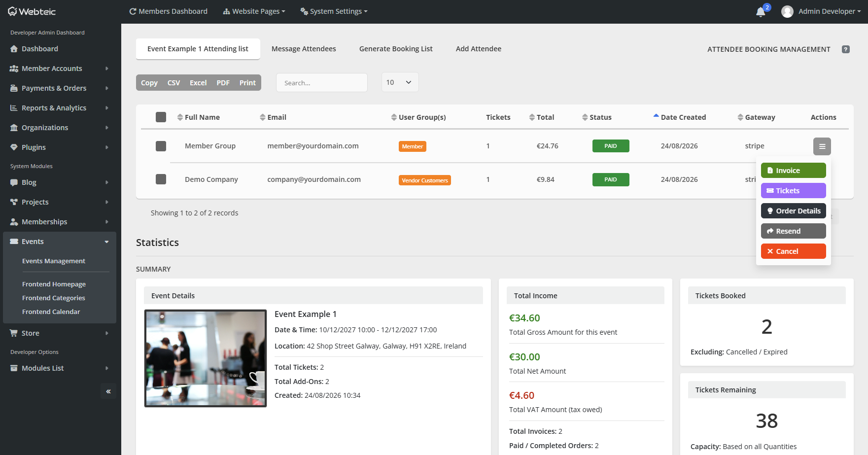 Webteic Admin event screen showing tickets, capacity or bookings