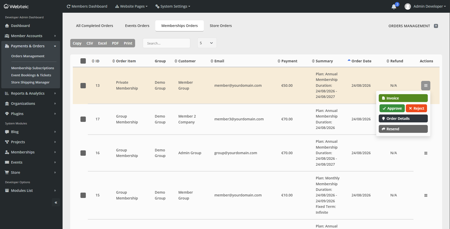 Webteic Membership application review / approval screen