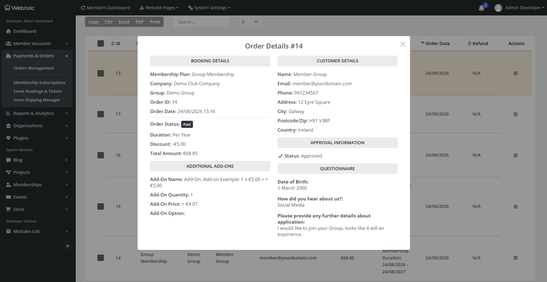 Webteic Payments/order administration with realistic transaction data