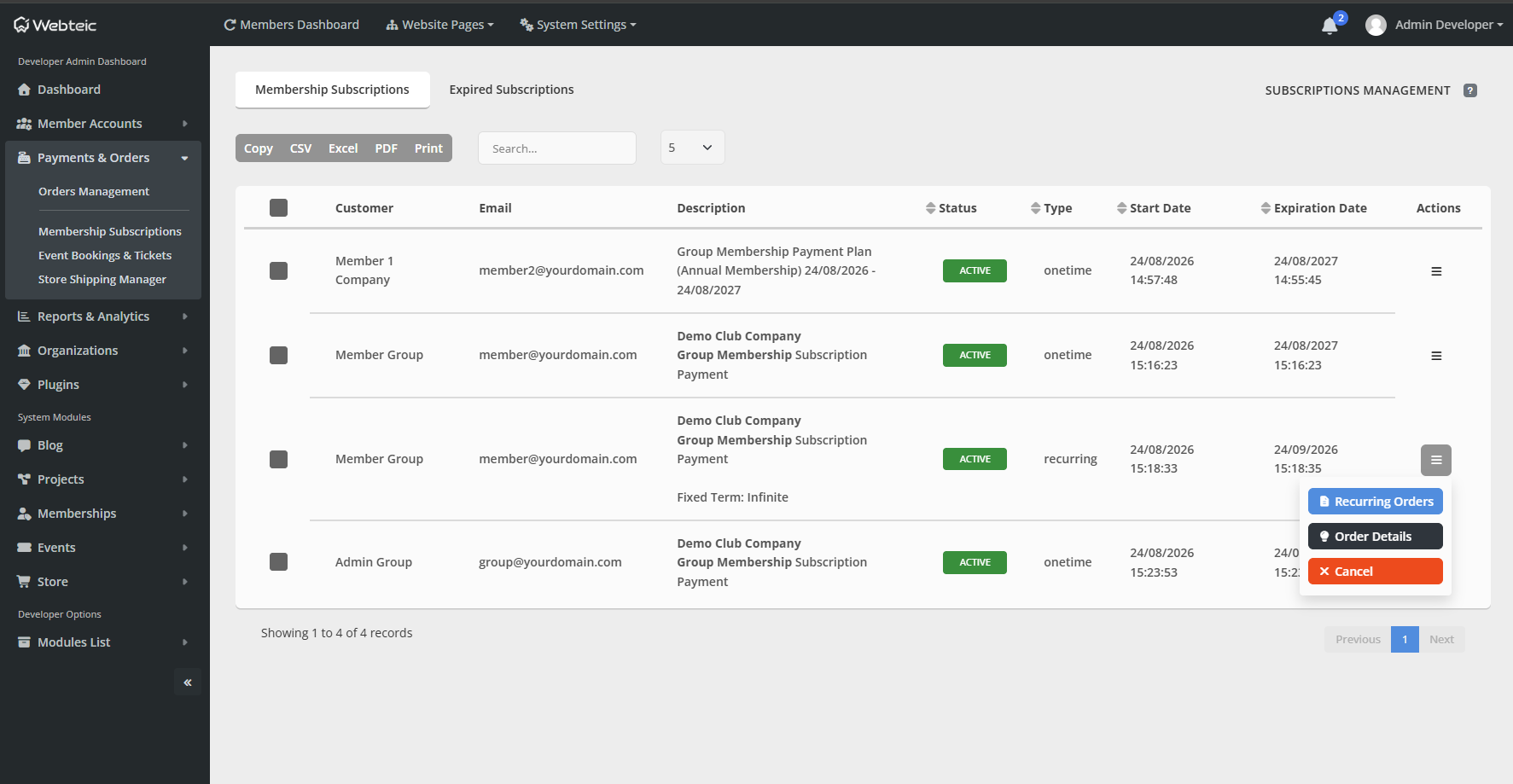 Webteic Orders/subscriptions/billing from the Members Dashboard