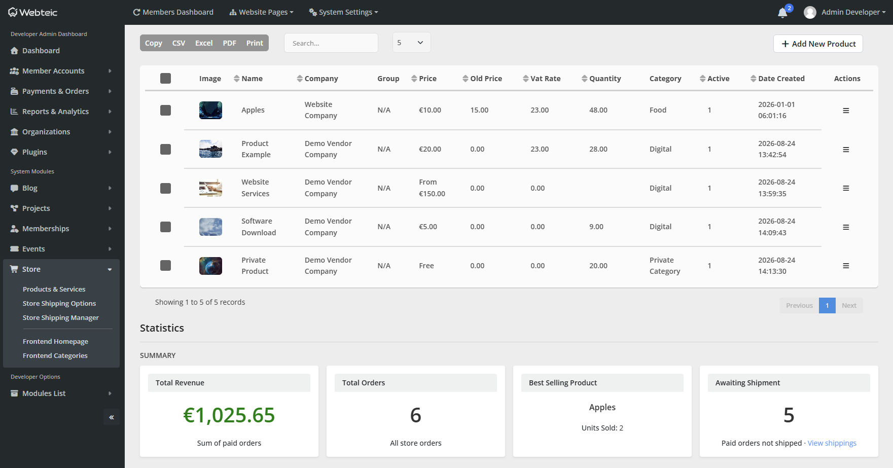 Webteic Store / service management screen with realistic demo content